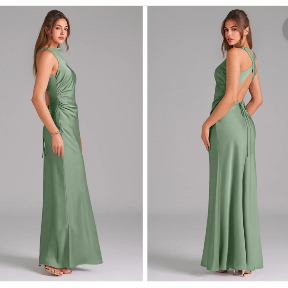 Azazie Evadne - Matcha Stretch Satin Green Maxi Bridesmaids Dress - Picture 3 of 6